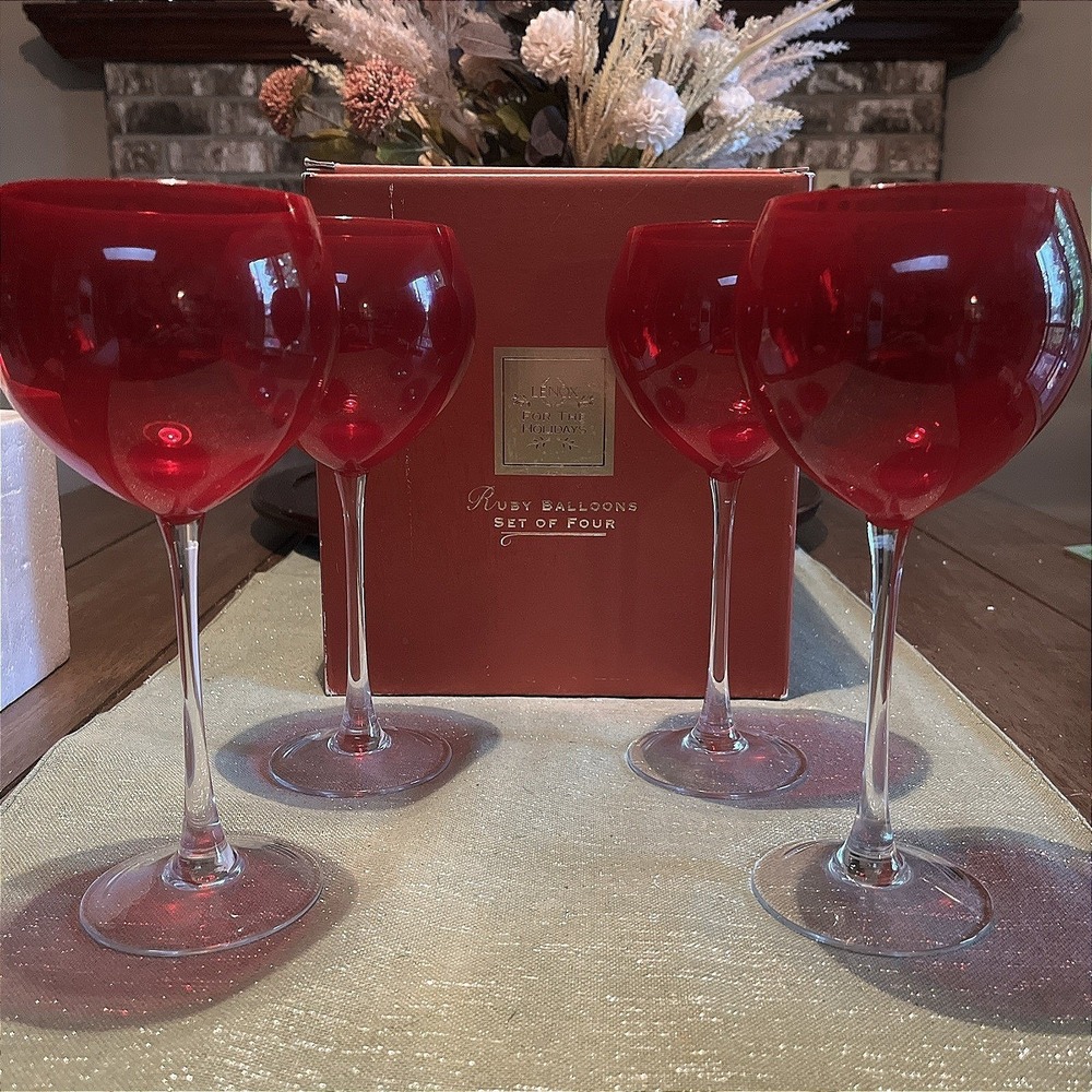 Set 4 Lenox Ruby Red Balloon Holiday GEMS Wine Glasses Crystal 9" with box